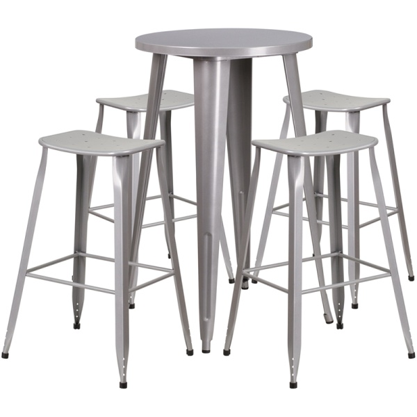 24-Round-Silver-Metal-Indoor-Outdoor-Bar-Table-Set-with-4-Saddle-Seat-Stools-by-Flash-Furniture