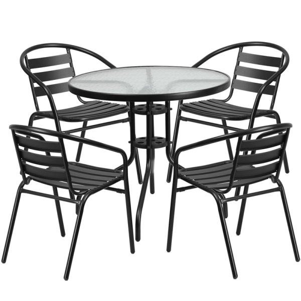 31.5-Round-Glass-Metal-Table-with-4-Black-Metal-Aluminum-Slat-Stack-Chairs-by-Flash-Furniture