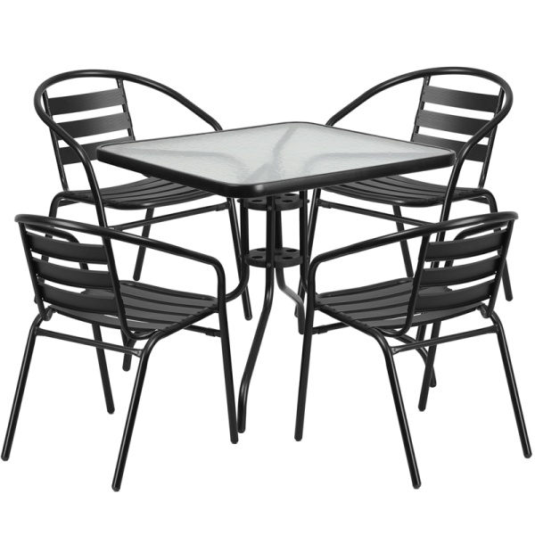 31.5-Square-Glass-Metal-Table-with-4-Black-Metal-Aluminum-Slat-Stack-Chairs-by-Flash-Furniture