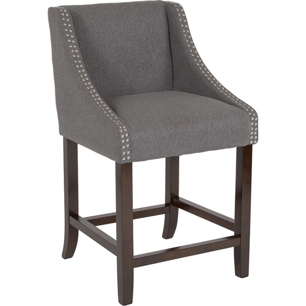 Carmel-Series-24-High-Transitional-Walnut-Counter-Height-Stool-with-Accent-Nail-Trim-in-Dark-Gray-Fabric