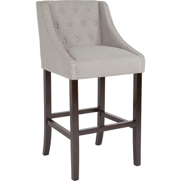 Carmel-Series-30-High-Transitional-Walnut-Barstool-with-Accent-Nail-Trim-in-Light-Gray-Fabric