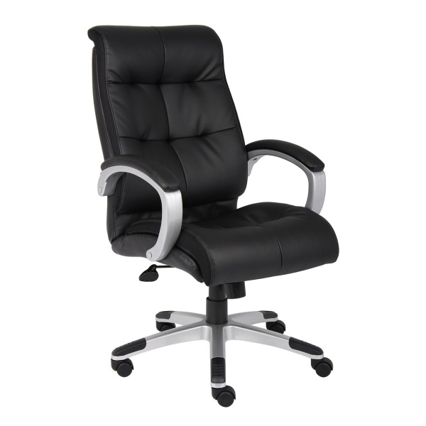 Double-Plush-Executive-Office-Chair-with-Black-LeatherPlus-Upholstery-with-Silver-Finish-by-Boss-Office-Products