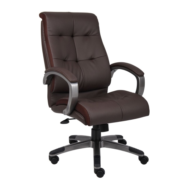 Double-Plush-Executive-Office-Chair-with-Bomber-Brown-LeatherPlus-Upholstery-with-Pewter-Finish-by-Boss-Office-Products