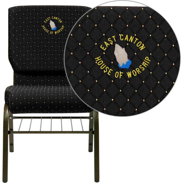 Embroidered-HERCULES-Series-18.5W-Church-Chair-in-Black-Dot-Patterned-Fabric-with-Book-Rack-Gold-Vein-Frame-by-Flash-Furniture