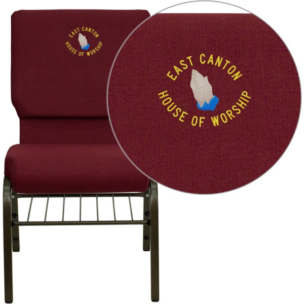 Embroidered-HERCULES-Series-18.5W-Church-Chair-in-Burgundy-Fabric-with-Book-Rack-Gold-Vein-Frame-by-Flash-Furniture