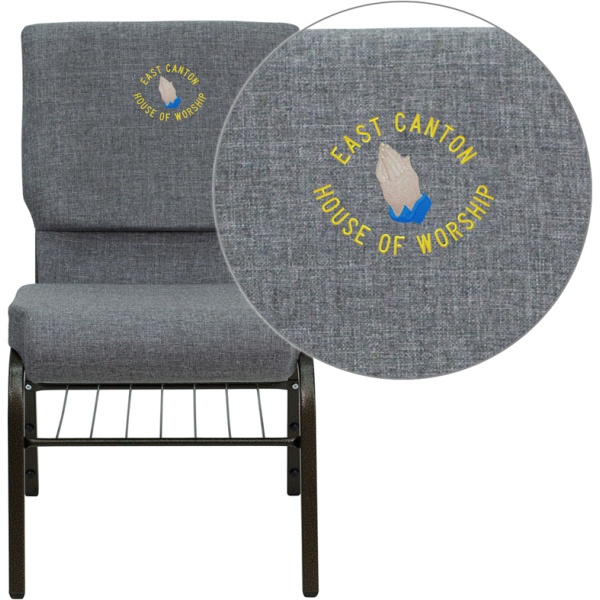 Embroidered-HERCULES-Series-18.5W-Church-Chair-in-Gray-Fabric-with-Book-Rack-Gold-Vein-Frame-by-Flash-Furniture