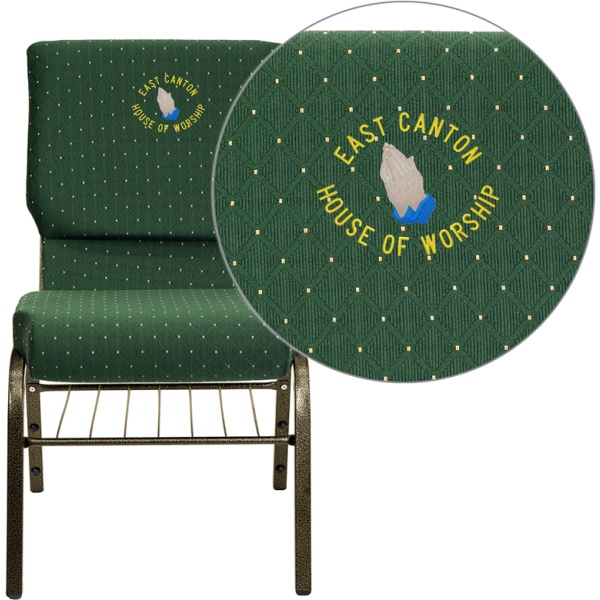 Embroidered-HERCULES-Series-18.5W-Church-Chair-in-Green-Patterned-Fabric-with-Book-Rack-Gold-Vein-Frame-by-Flash-Furniture