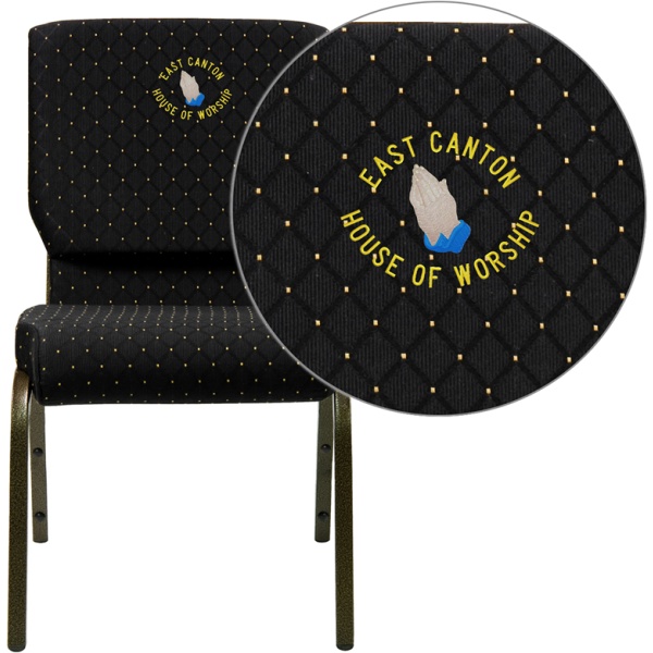 Embroidered-HERCULES-Series-18.5W-Stacking-Church-Chair-in-Black-Dot-Patterned-Fabric-Gold-Vein-Frame-by-Flash-Furniture