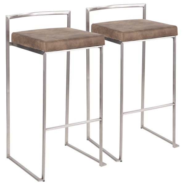 Fuji-Contemporary-Stackable-Barstool-in-Stainless-Steel-with-Brown-Cowboy-Fabric-Cushion-by-LumiSource-Set-of-2