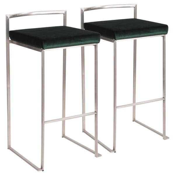 Fuji-Contemporary-Stackable-Barstool-in-Stainless-Steel-with-Green-Velvet-Cushion-by-LumiSource-Set-of-2