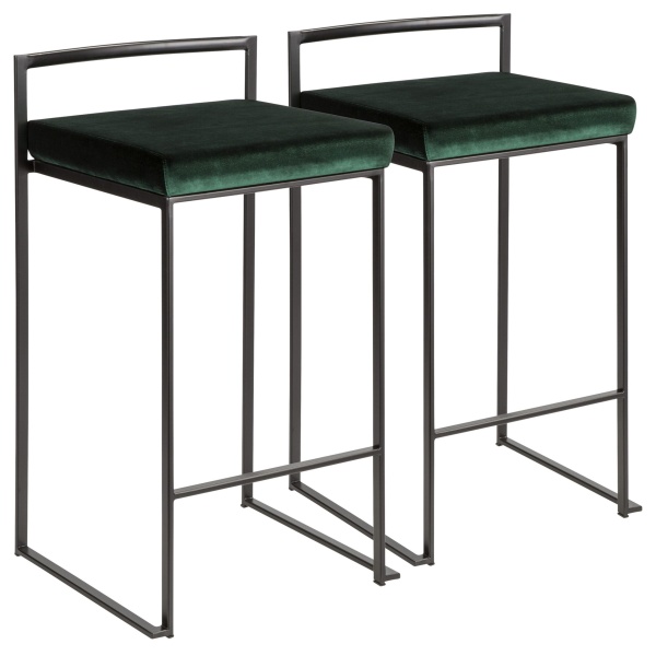 Fuji-Contemporary-Stackable-Counter-Stool-in-Black-with-Green-Velvet-Cushion-by-LumiSource-Set-of-2