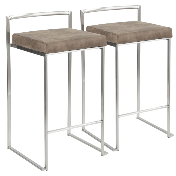 Fuji-Contemporary-Stackable-Counter-Stool-in-Stainless-Steel-with-Brown-Cowboy-Fabric-Cushion-by-LumiSource-Set-of-2