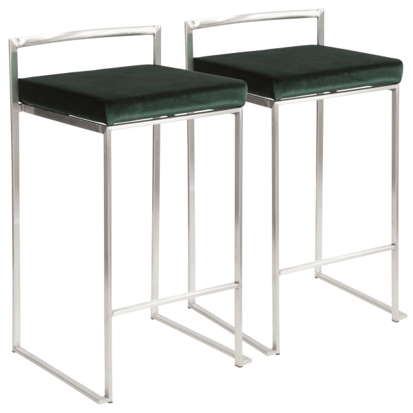 Fuji-Contemporary-Stackable-Counter-Stool-in-Stainless-Steel-with-Green-Velvet-Cushion-by-LumiSource-Set-of-2