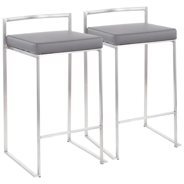 Fuji-Contemporary-Stackable-Counter-Stool-in-Stainless-Steel-with-Grey-Faux-Leather-Cushion-by-LumiSource-Set-of-2