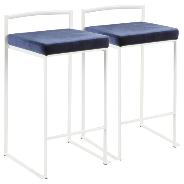 Fuji-Contemporary-Stackable-Counter-Stool-in-White-with-Blue-Velvet-Cushion-by-LumiSource-Set-of-2