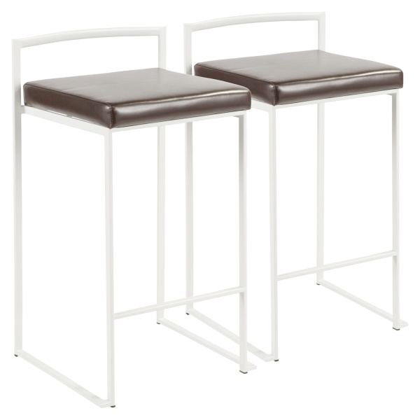 Fuji-Contemporary-Stackable-Counter-Stool-in-White-with-Brown-Faux-Leather-Cushion-by-LumiSource-Set-of-2