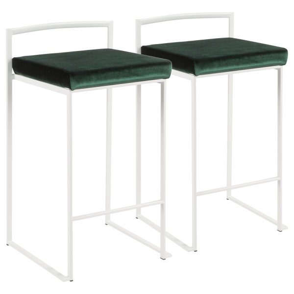 Fuji-Contemporary-Stackable-Counter-Stool-in-White-with-Green-Velvet-Cushion-by-LumiSource-Set-of-2