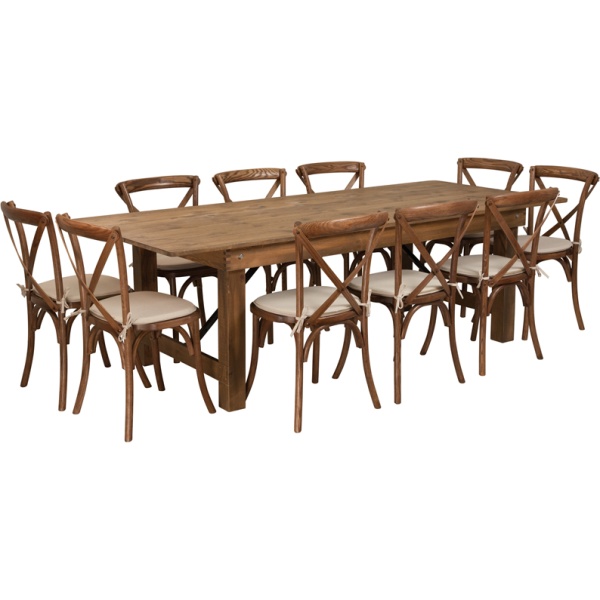 HERCULES-Series-8-x-40-Antique-Rustic-Folding-Farm-Table-Set-with-10-Cross-Back-Chairs-and-Cushions-by-Flash-Furniture