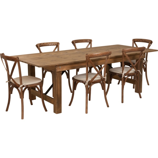 HERCULES-Series-8-x-40-Antique-Rustic-Folding-Farm-Table-Set-with-6-Cross-Back-Chairs-and-Cushions-by-Flash-Furniture