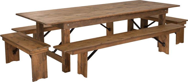 HERCULES Series 9 X 40 Antique Rustic Folding Farm Table And Four   HERCULES Series 9 X 40 Antique Rustic Folding Farm Table And Four Bench Set By Flash Furniture 