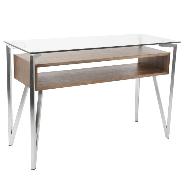 Hover-Contemporary-Console-Table-with-Brushed-Stainless-Steel-Frame-Walnut-Wood-Shelf-and-Clear-Glass-Top-by-LumiSource